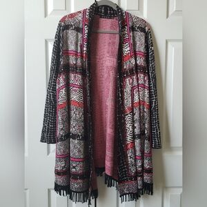 ZOZO Multicolored Abstract Cardigan – Size 1X – Black Fringe Hem